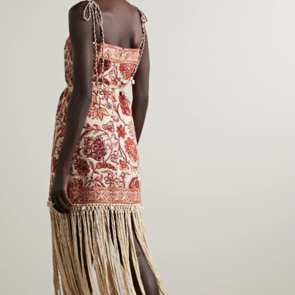 NWT ZIMMERMAN VITALI RED AND CREAM LINEN FLORAL FRINGE DRESS RESORT SIZE 0 XS - Picture 3 of 10